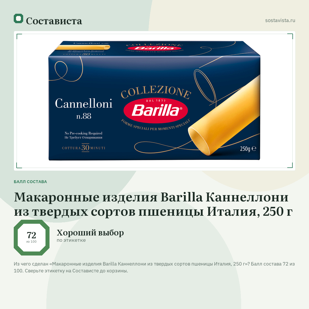 Макаронные изделия Barilla Каннеллони из твердых сортов пшеницы Италия, 250 г: балл состава 72 из 100 — Состависта