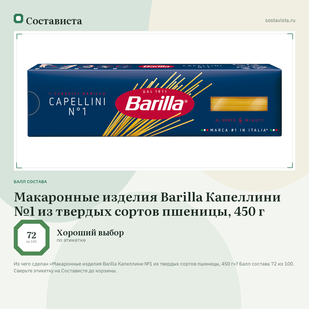 Макаронные изделия Barilla Капеллини №1 из твердых сортов пшеницы, 450 г: балл состава 72 из 100 — Состависта
