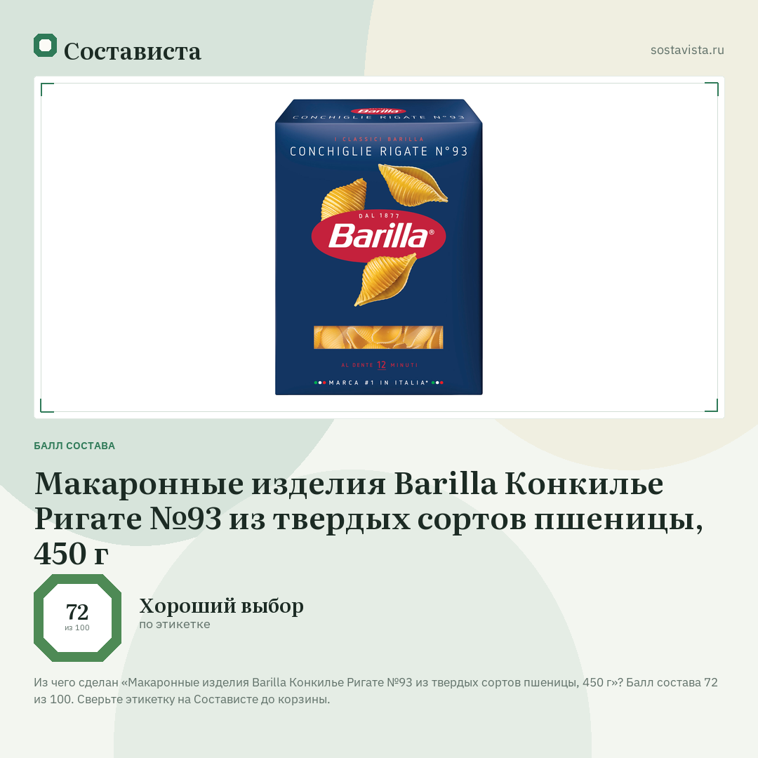 Макаронные изделия Barilla Конкилье Ригате №93 из твердых сортов пшеницы, 450 г: балл состава 72 из 100 — Состависта