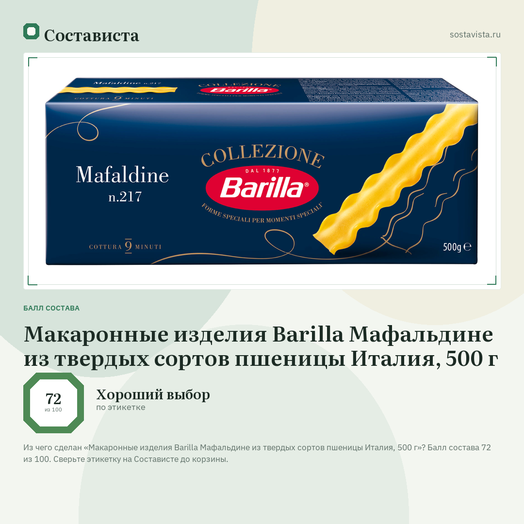 Макаронные изделия Barilla Мафальдине из твердых сортов пшеницы Италия, 500 г: балл состава 72 из 100 — Состависта