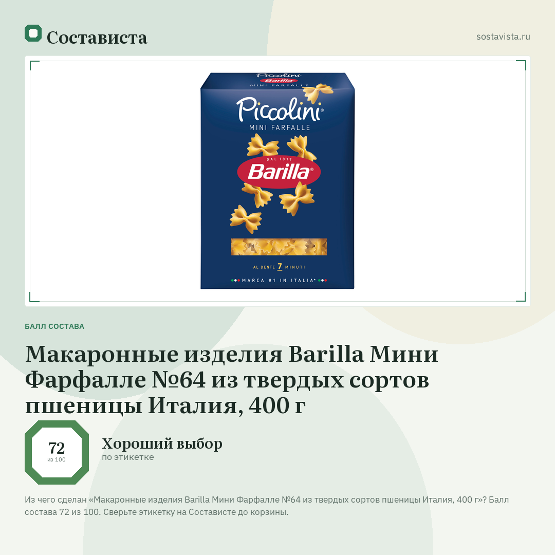 Макаронные изделия Barilla Мини Фарфалле №64 из твердых сортов пшеницы Италия, 400 г: балл состава 72 из 100 — Состависта