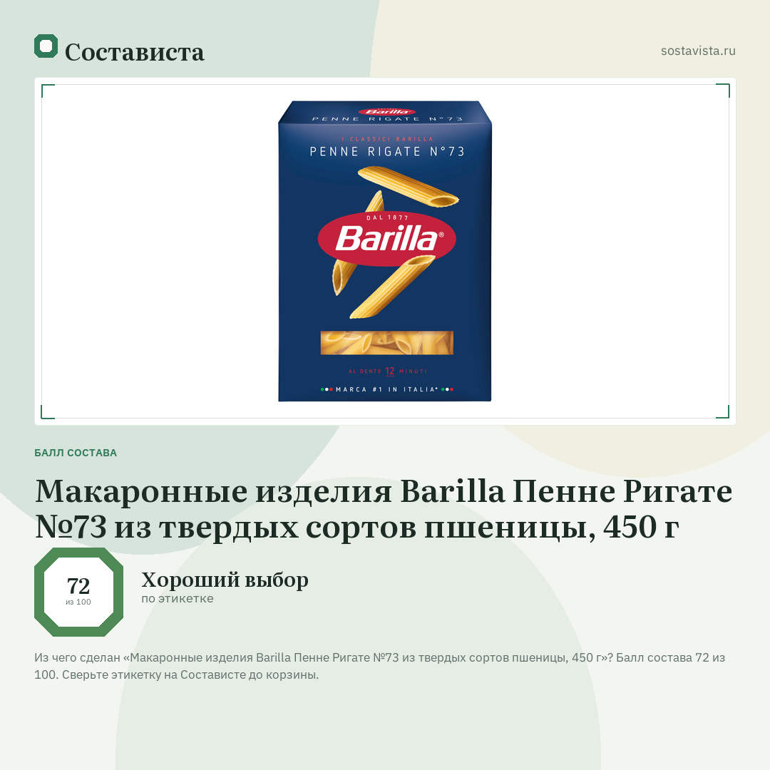 Макаронные изделия Barilla Пенне Ригате №73 из твердых сортов пшеницы, 450 г: балл состава 72 из 100 — Состависта