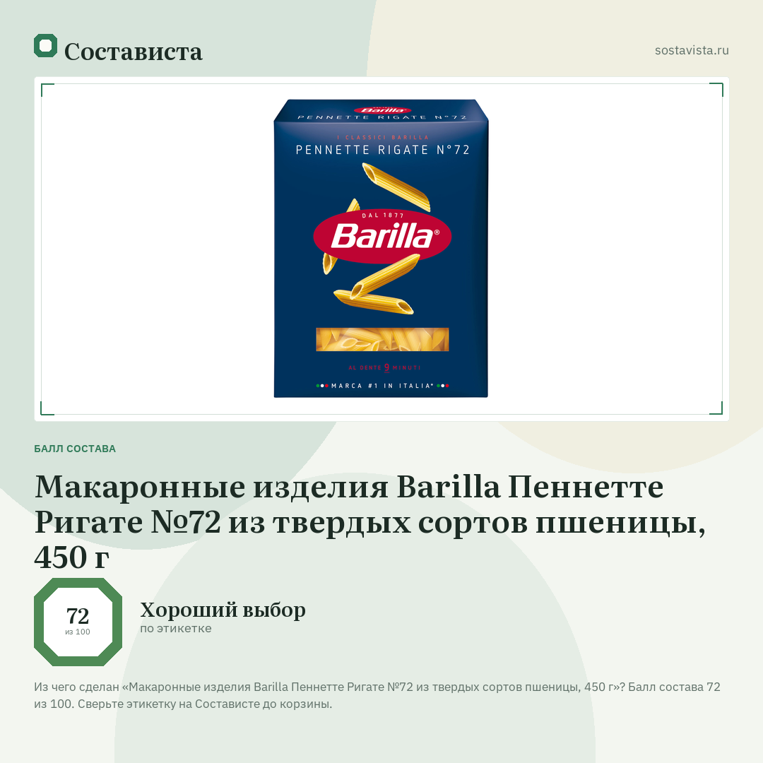Макаронные изделия Barilla Пеннетте Ригате №72 из твердых сортов пшеницы, 450 г: балл состава 72 из 100 — Состависта