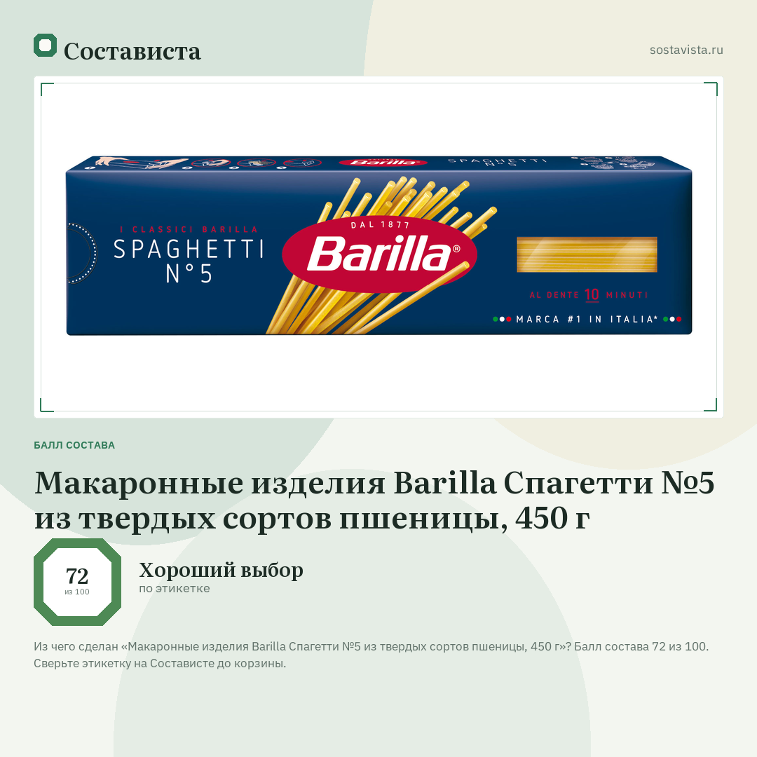 Макаронные изделия Barilla Спагетти №5 из твердых сортов пшеницы, 450 г: балл состава 72 из 100 — Состависта