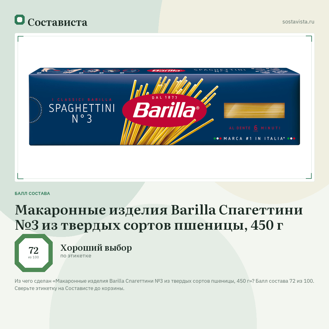 Макаронные изделия Barilla Спагеттини №3 из твердых сортов пшеницы, 450 г: балл состава 72 из 100 — Состависта