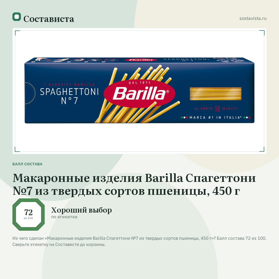 Макаронные изделия Barilla Спагеттони №7 из твердых сортов пшеницы, 450 г: балл состава 72 из 100 — Состависта