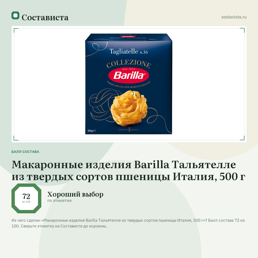 Макаронные изделия Barilla Тальятелле из твердых сортов пшеницы Италия, 500 г: балл состава 72 из 100 — Состависта