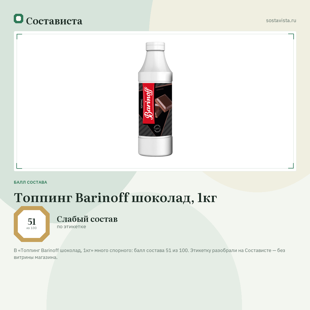 Топпинг Barinoff шоколад, 1кг: балл состава 51 из 100 — Состависта