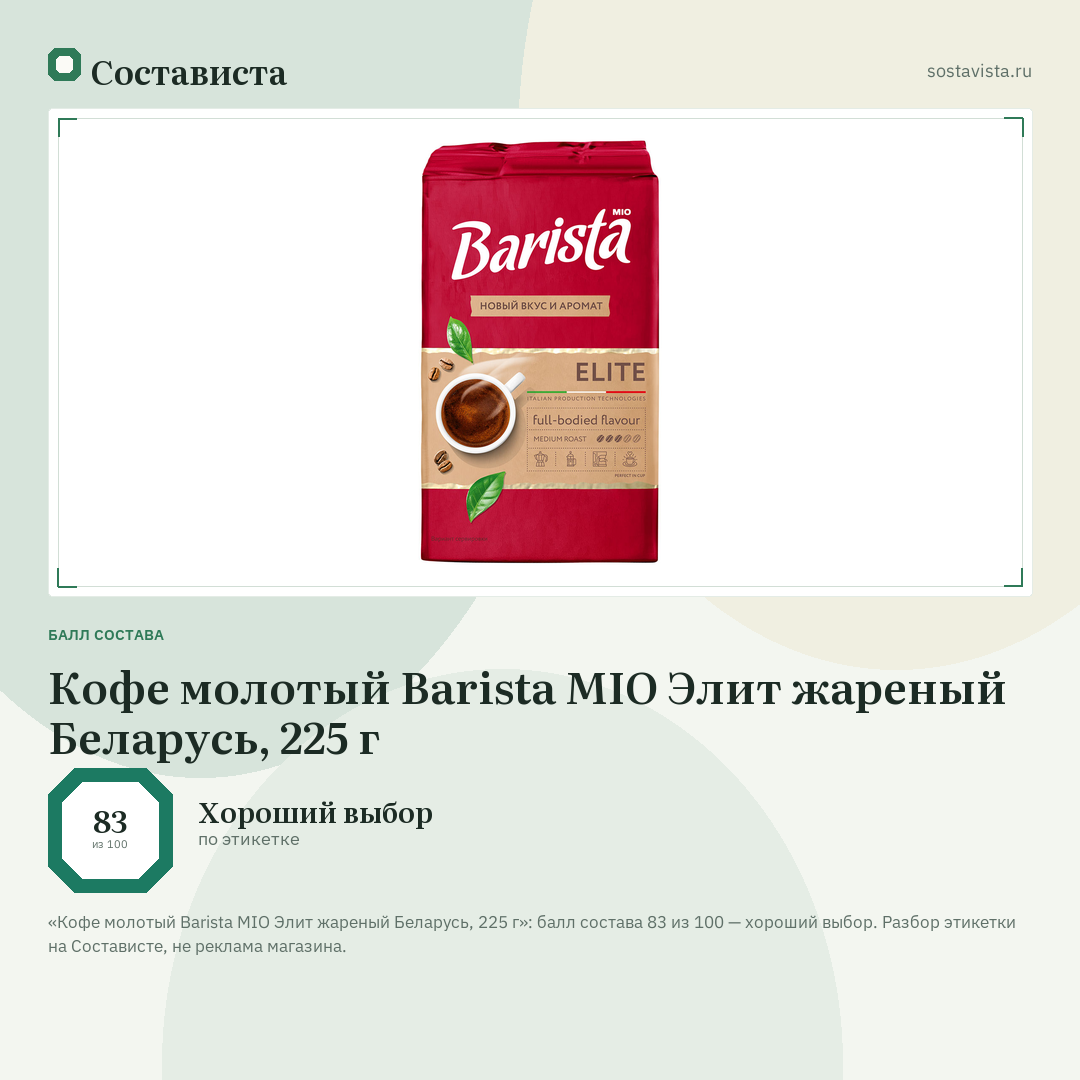 Кофе молотый Barista MIO Элит жареный Беларусь, 225 г: балл состава 83 из 100 — Состависта