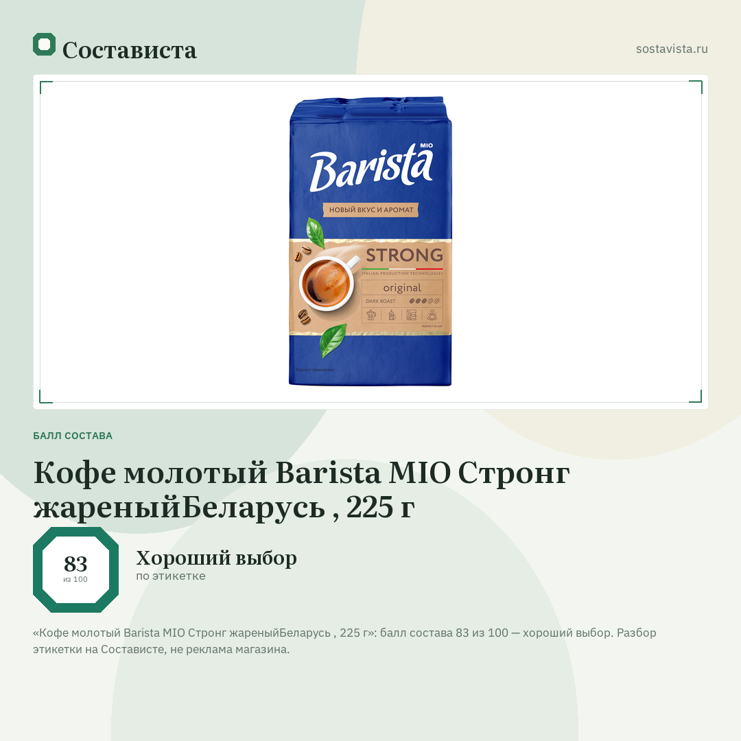 Кофе молотый Barista MIO Стронг жареныйБеларусь , 225 г: балл состава 83 из 100 — Состависта