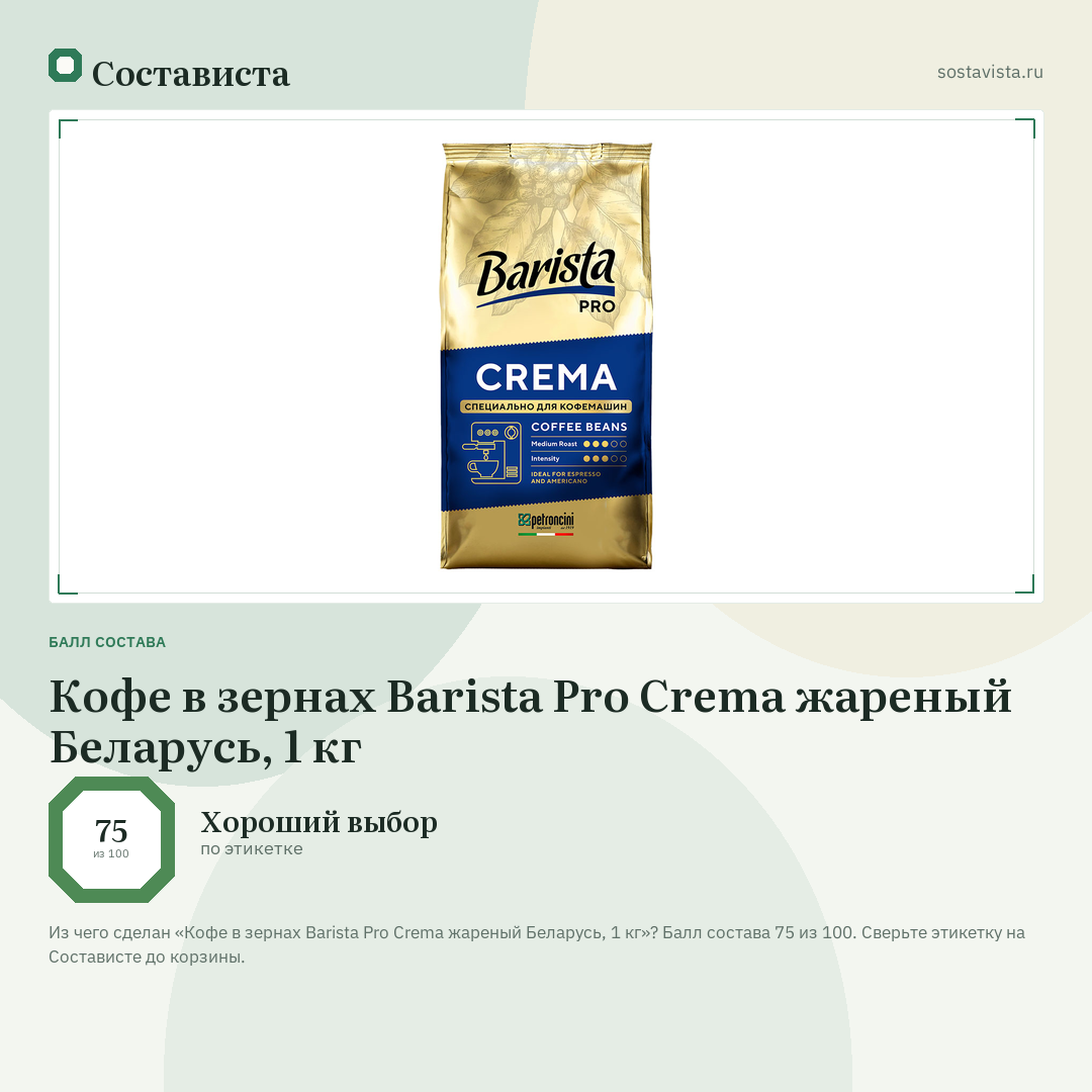 Кофе в зернах Barista Pro Crema жареный Беларусь, 1 кг: балл состава 75 из 100 — Состависта