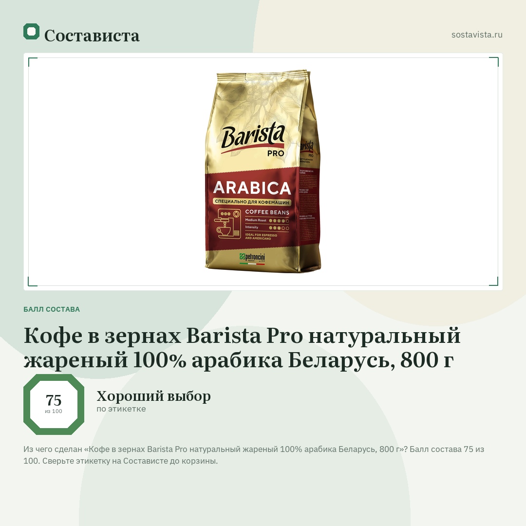 Кофе в зернах Barista Pro натуральный жареный 100% арабика Беларусь, 800 г: балл состава 75 из 100 — Состависта