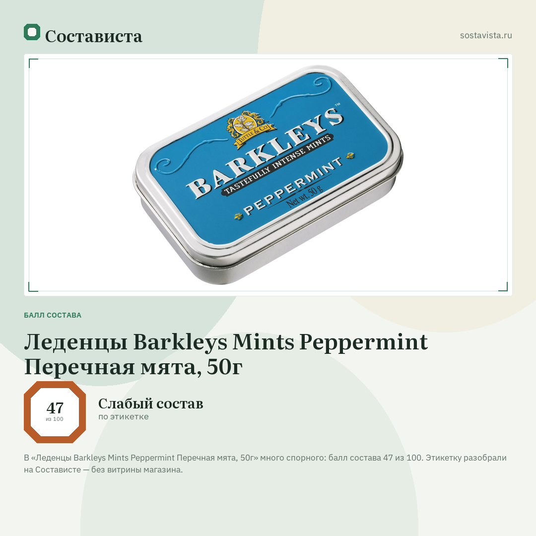 Леденцы Barkleys Mints Peppermint Перечная мята, 50г: балл состава 47 из 100 — Состависта