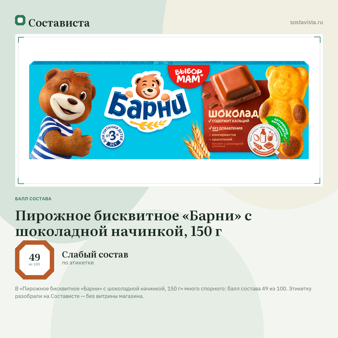 Пирожное бисквитное «Барни» с шоколадной начинкой, 150 г: балл состава 49 из 100 — Состависта