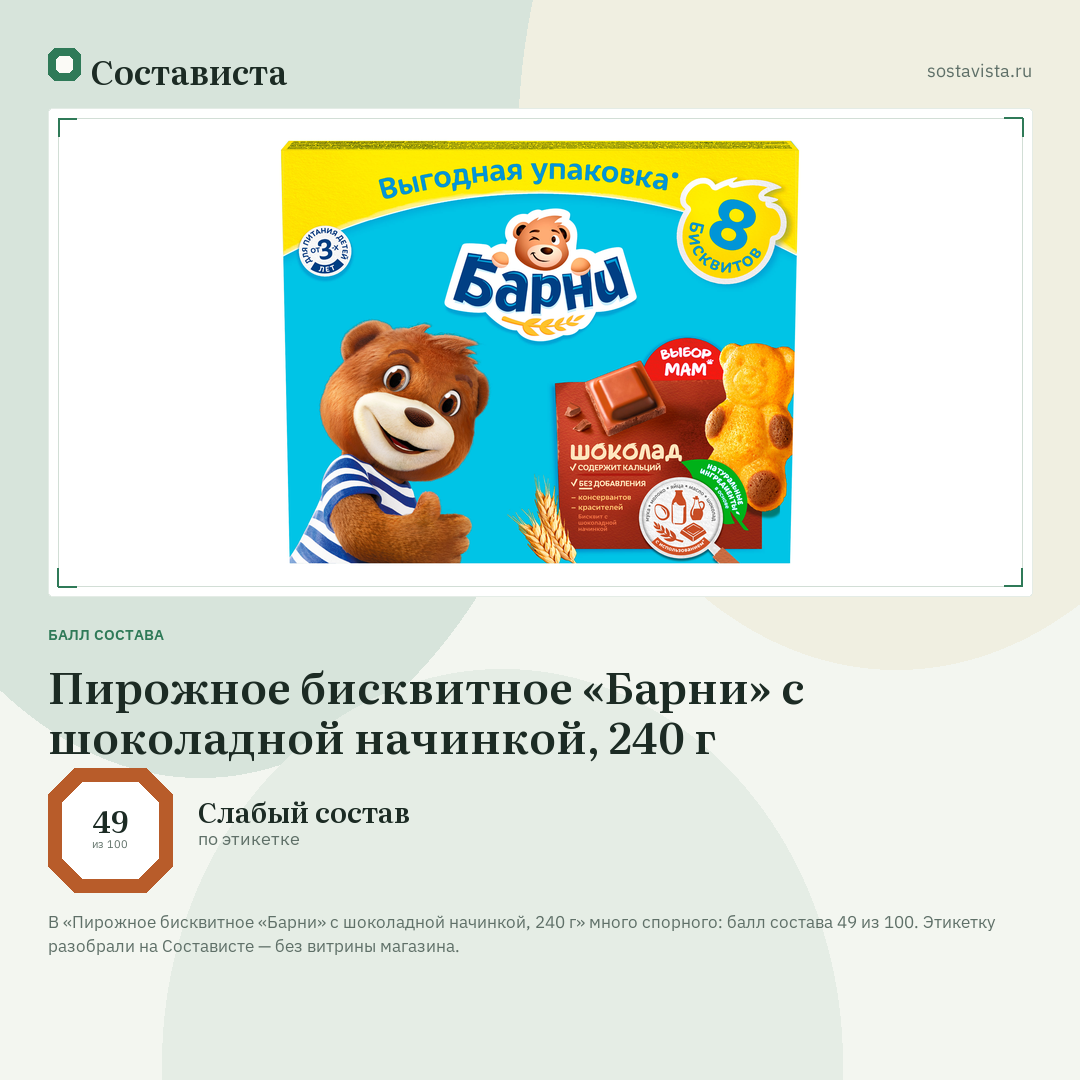 Пирожное бисквитное «Барни» с шоколадной начинкой, 240 г: балл состава 49 из 100 — Состависта
