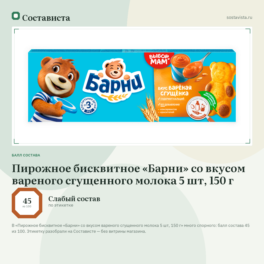 Пирожное бисквитное «Барни» со вкусом вареного сгущенного молока 5 шт, 150 г: балл состава 45 из 100 — Состависта