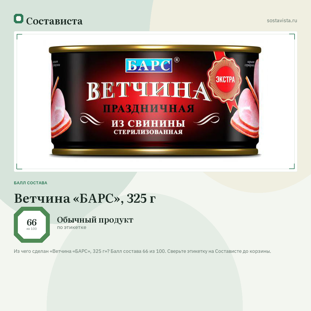 Ветчина «БАРС», 325 г: балл состава 66 из 100 — Состависта