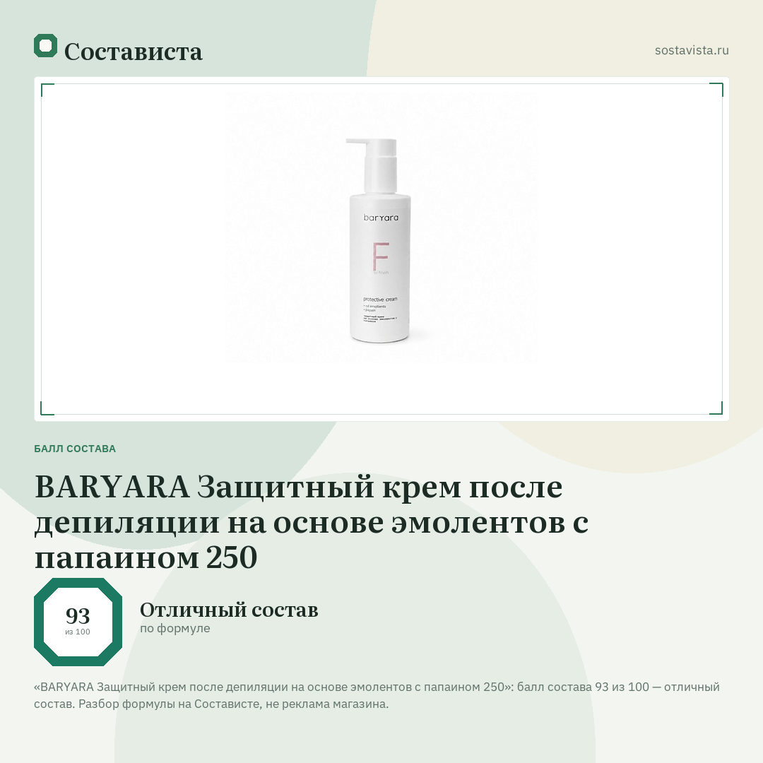 BARYARA Защитный крем после депиляции на основе эмолентов с папаином 250: балл состава 93 из 100 — Состависта