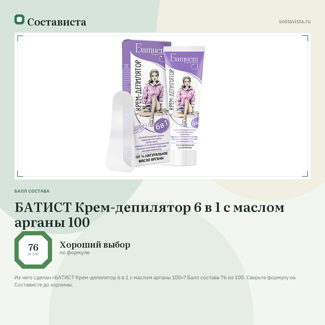 БАТИСТ Крем-депилятор 6 в 1 с маслом арганы 100: балл состава 76 из 100 — Состависта