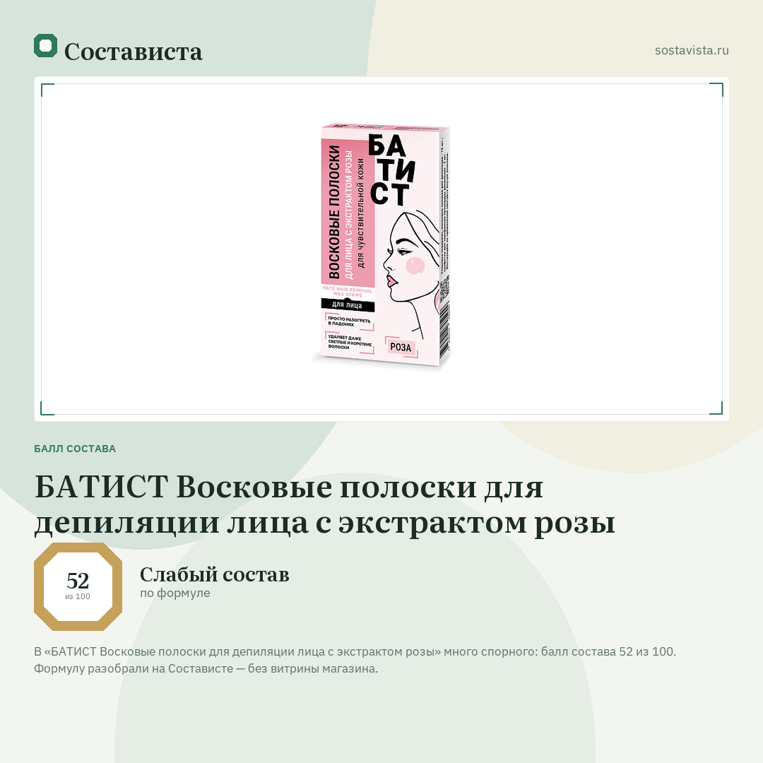 БАТИСТ Восковые полоски для депиляции лица с экстрактом розы: балл состава 52 из 100 — Состависта