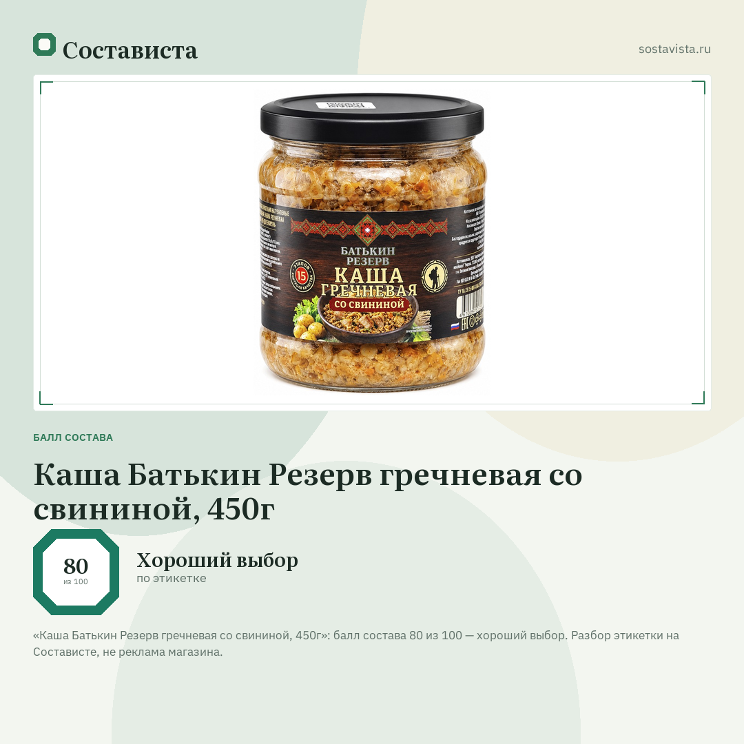Каша Батькин Резерв гречневая со свининой, 450г: балл состава 80 из 100 — Состависта