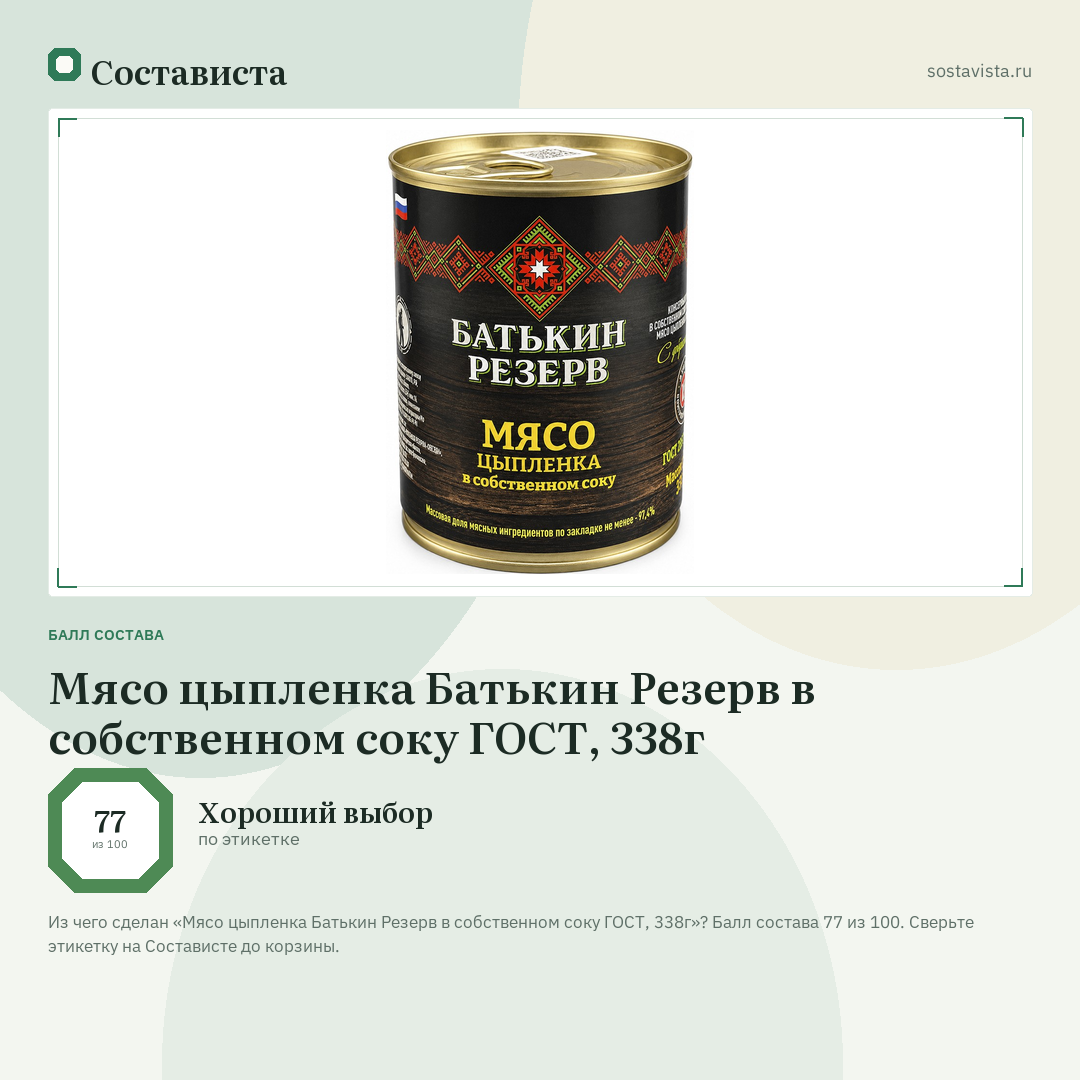 Мясо цыпленка Батькин Резерв в собственном соку ГОСТ, 338г: балл состава 77 из 100 — Состависта