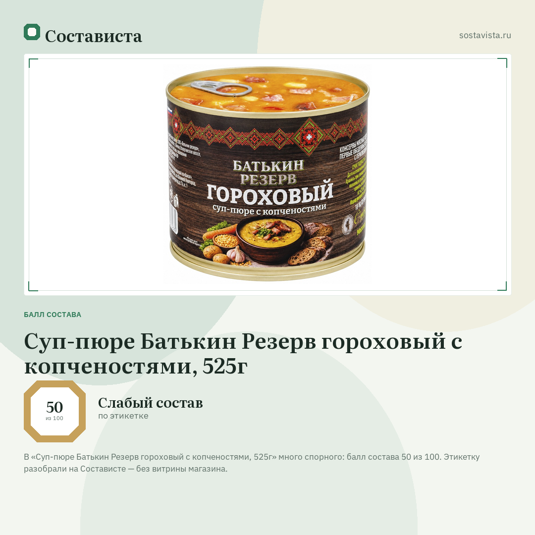 Суп-пюре Батькин Резерв гороховый с копченостями, 525г: балл состава 50 из 100 — Состависта