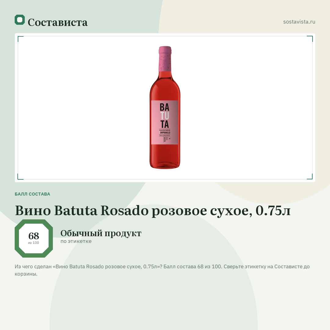 Вино Batuta Rosado розовое сухое, 0.75л: балл состава 68 из 100 — Состависта