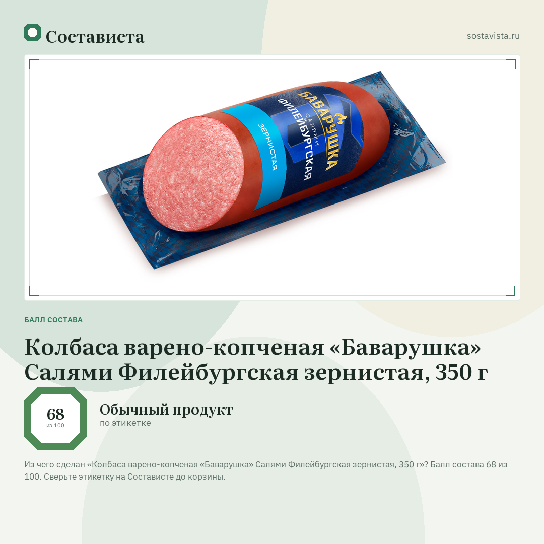 Колбаса варено-копченая «Баварушка» Салями Филейбургская зернистая, 350 г: балл состава 68 из 100 — Состависта
