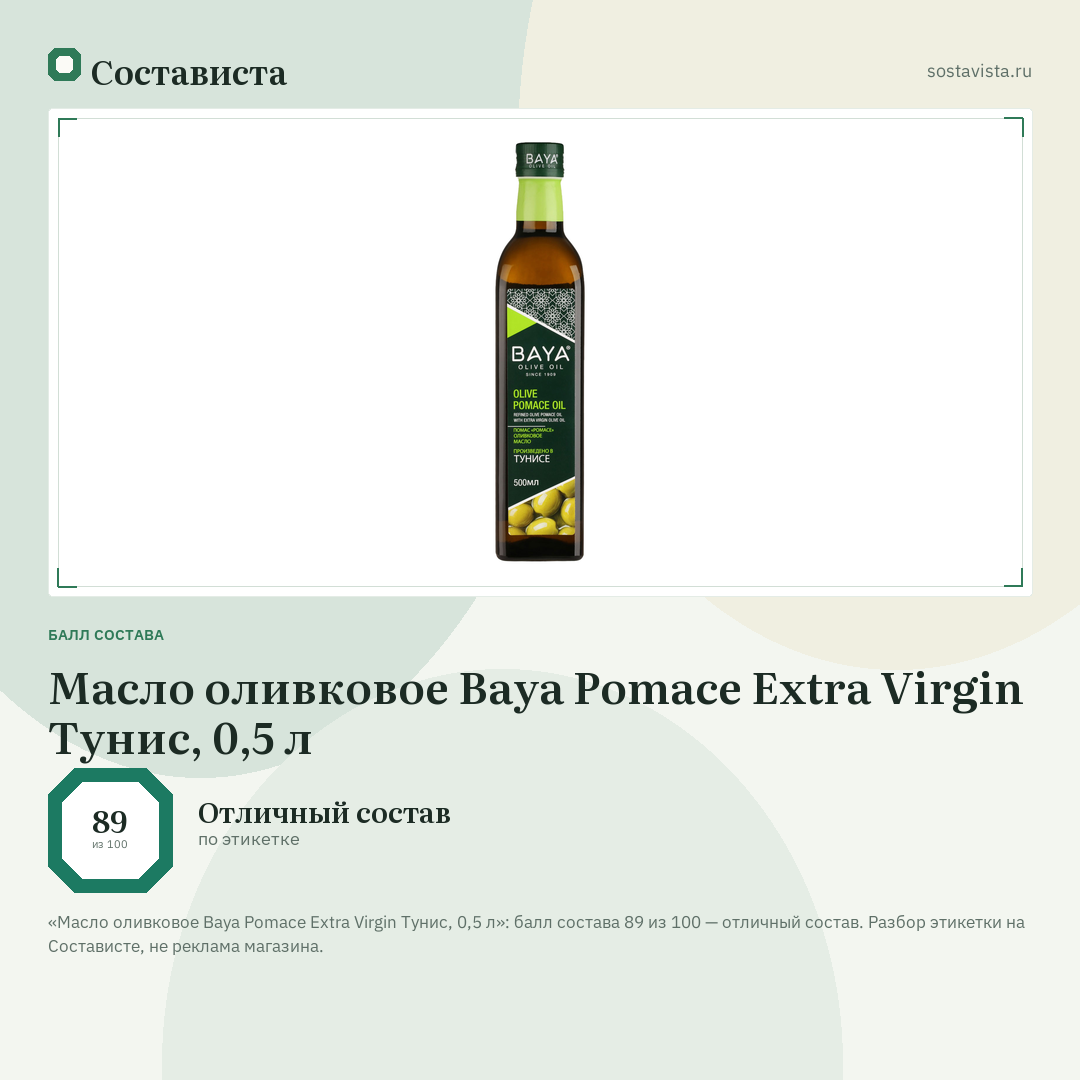 Масло оливковое Baya Pomace Extra Virgin Тунис, 0,5 л: балл состава 89 из 100 — Состависта