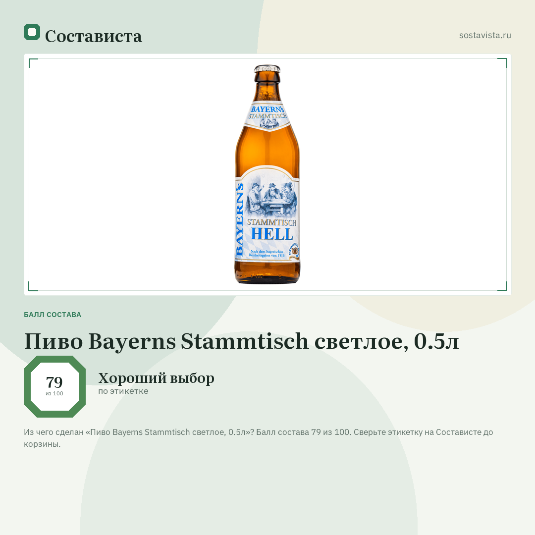 Пиво Bayerns Stammtisch светлое, 0.5л: балл состава 79 из 100 — Состависта
