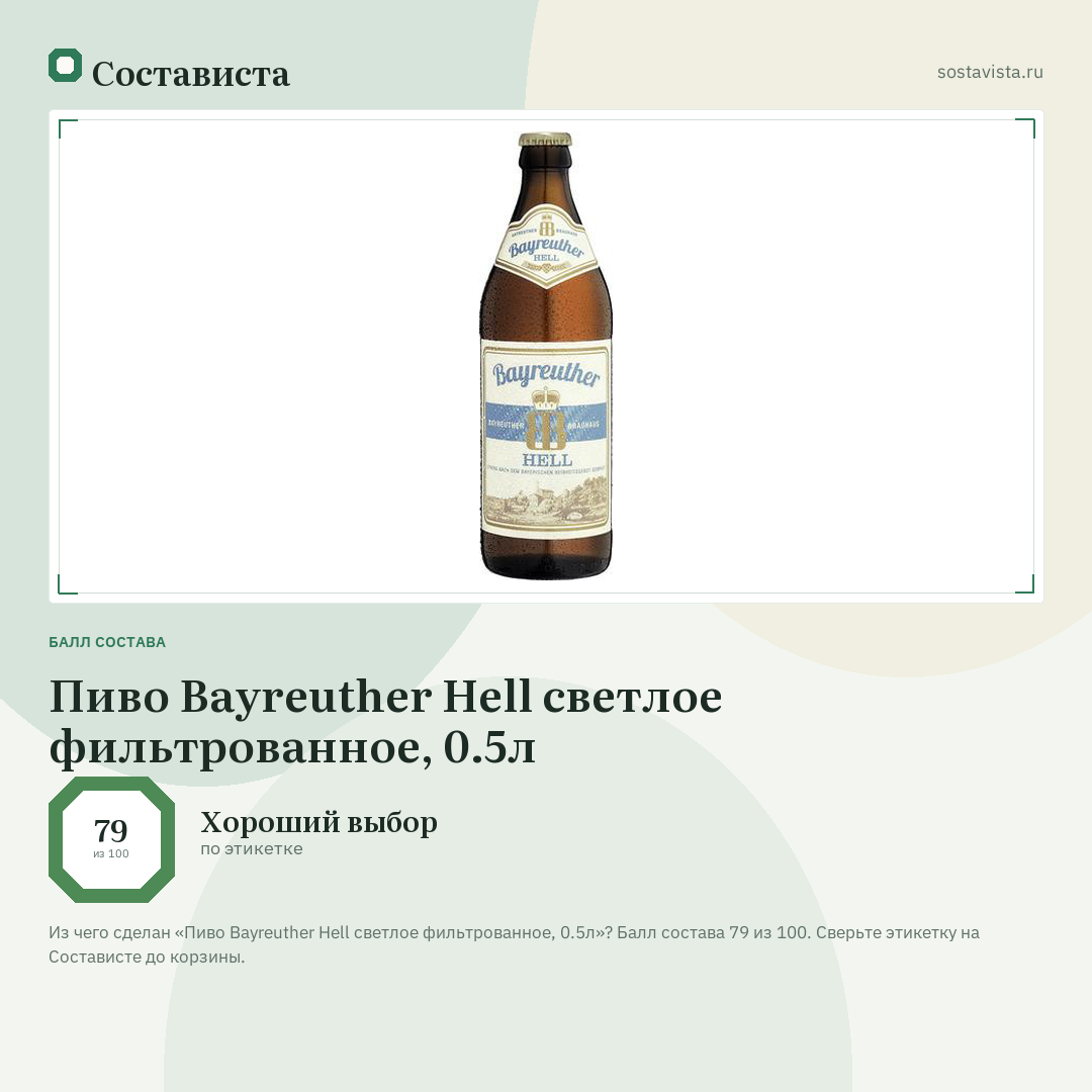 Пиво Bayreuther Hell светлое фильтрованное, 0.5л: балл состава 79 из 100 — Состависта