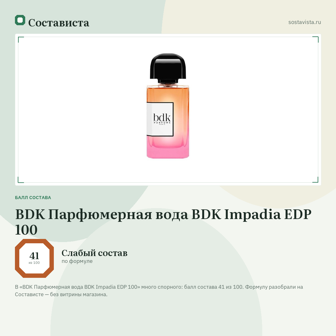 BDK Парфюмерная вода BDK Impadia EDP 100: балл состава 41 из 100 — Состависта
