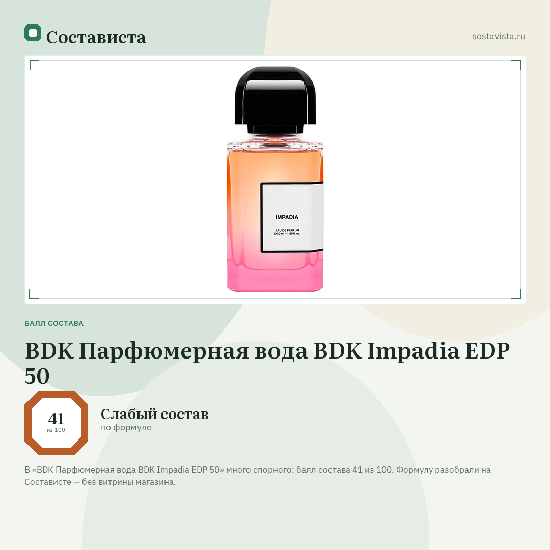 BDK Парфюмерная вода BDK Impadia EDP 50: балл состава 41 из 100 — Состависта