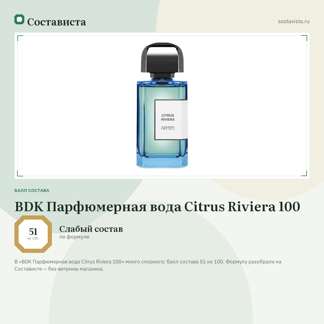 BDK Парфюмерная вода Citrus Riviera 100: балл состава 51 из 100 — Состависта