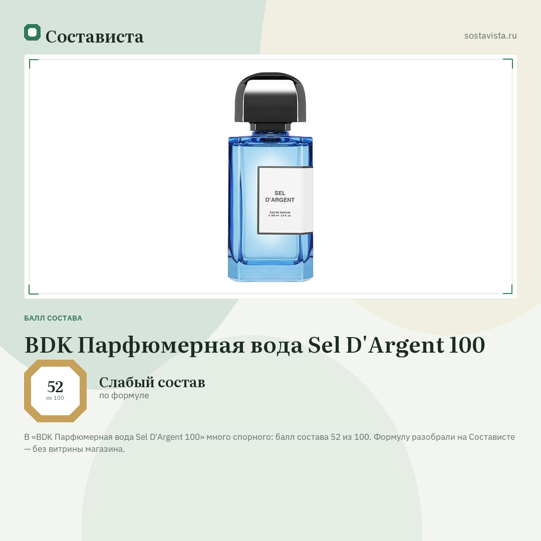 BDK Парфюмерная вода Sel D'Argent 100: балл состава 52 из 100 — Состависта