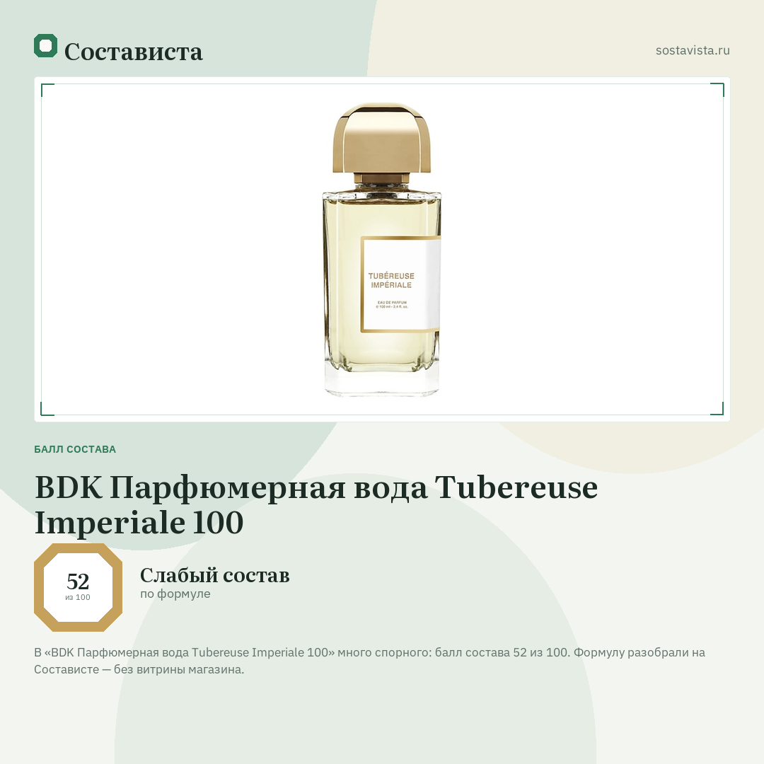 BDK Парфюмерная вода Tubereuse Imperiale 100: балл состава 52 из 100 — Состависта