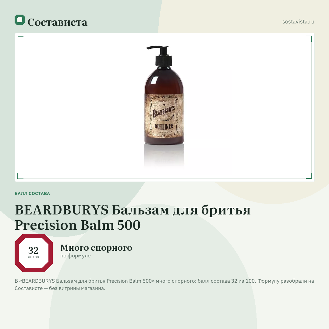 BEARDBURYS Бальзам для бритья Precision Balm 500: балл состава 32 из 100 — Состависта