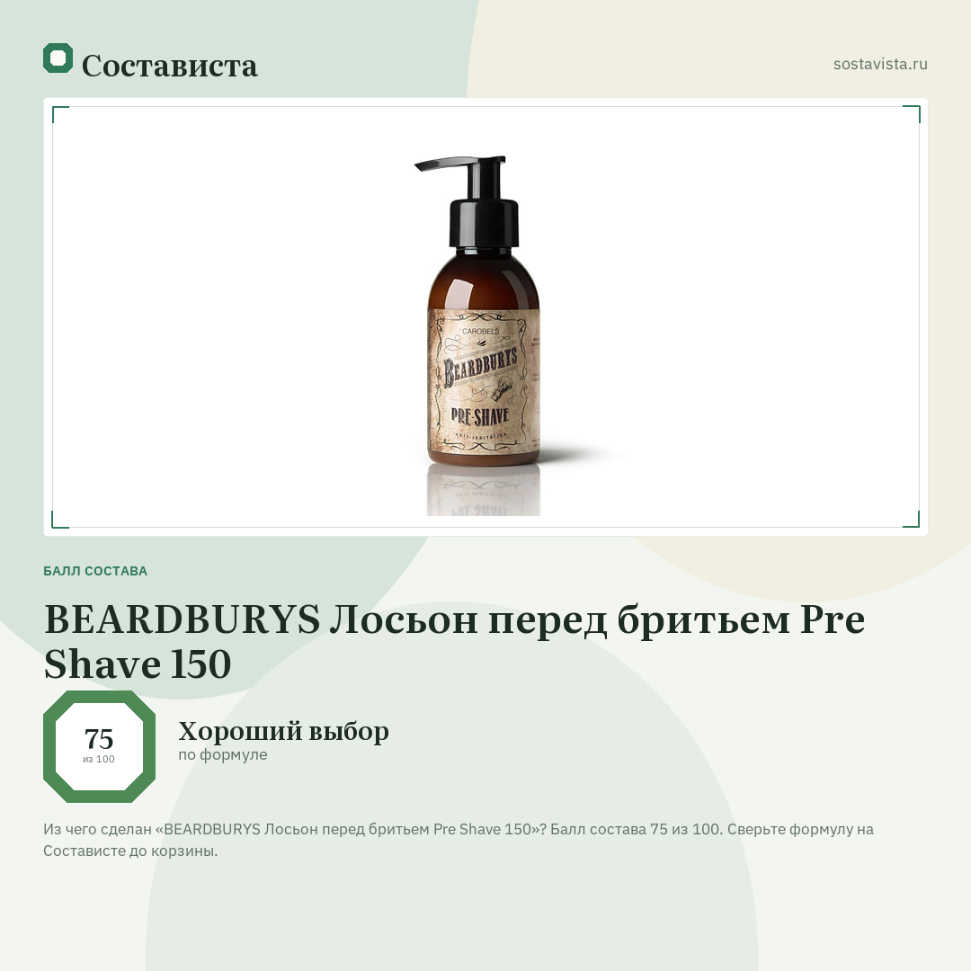 BEARDBURYS Лосьон перед бритьем Pre Shave 150: балл состава 75 из 100 — Состависта