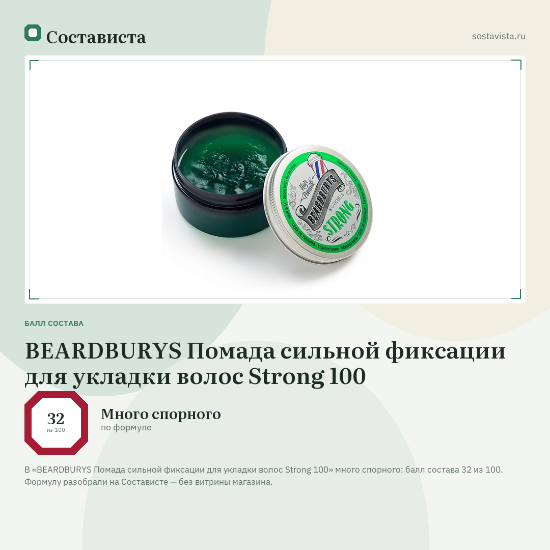 BEARDBURYS Помада сильной фиксации для укладки волос Strong 100: балл состава 32 из 100 — Состависта