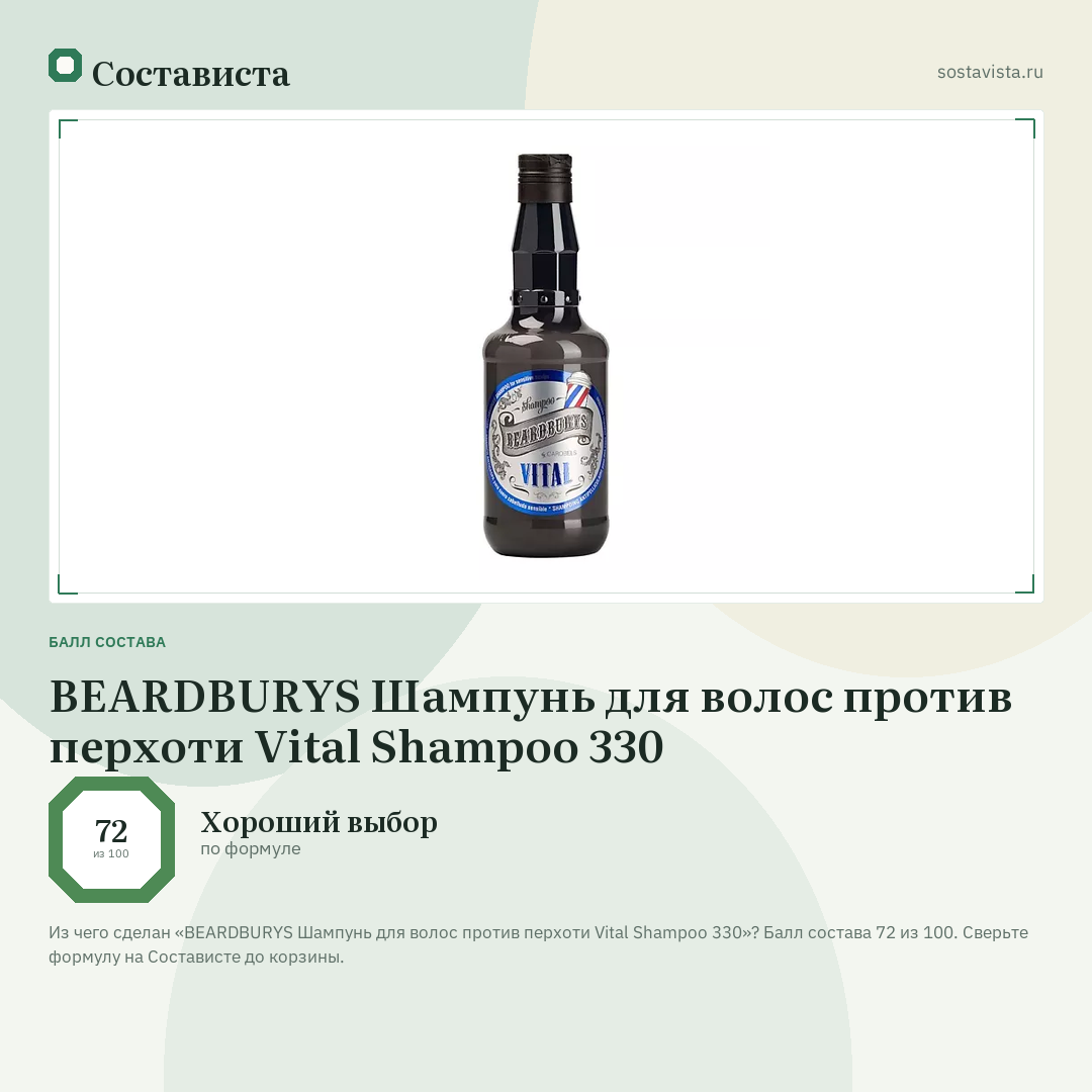 BEARDBURYS Шампунь для волос против перхоти Vital Shampoo 330: балл состава 72 из 100 — Состависта