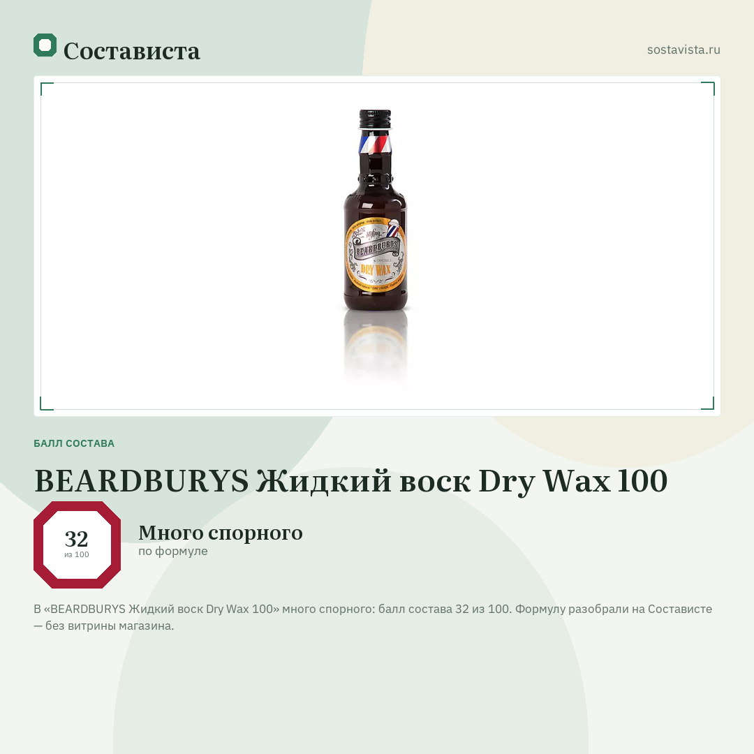 BEARDBURYS Жидкий воск Dry Wax 100: балл состава 32 из 100 — Состависта