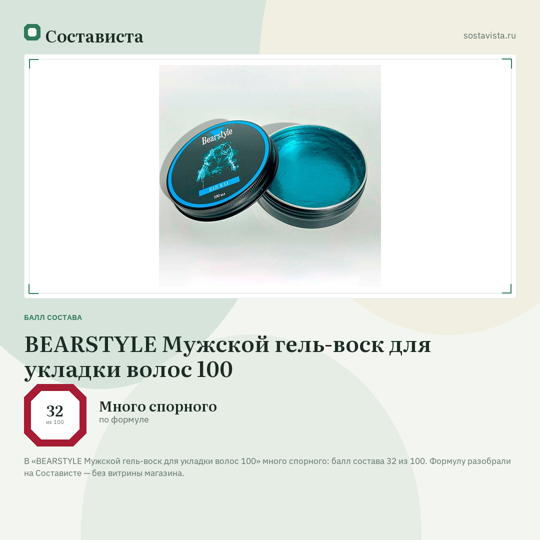 BEARSTYLE Мужской гель-воск для укладки волос 100: балл состава 32 из 100 — Состависта
