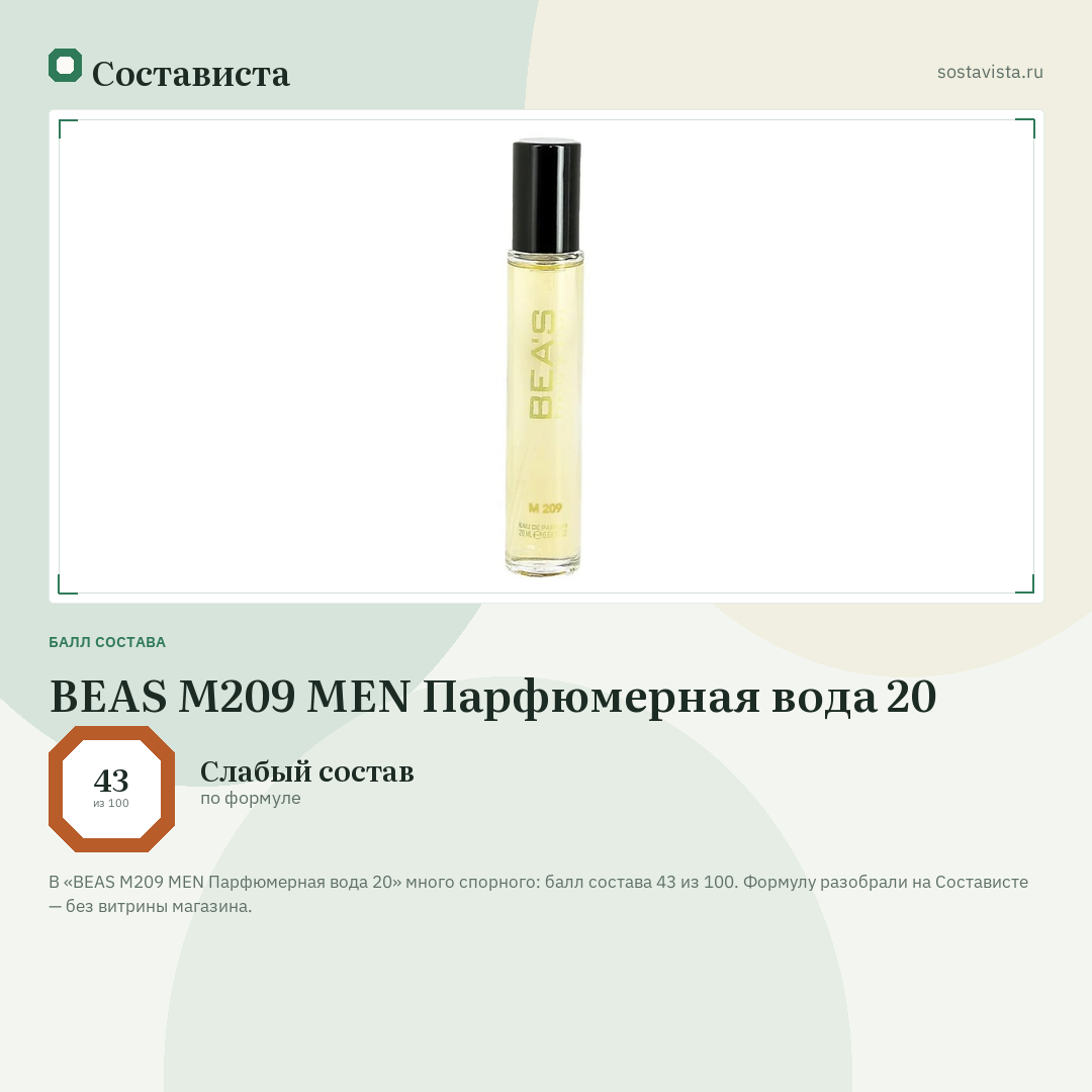 BEAS M209 MEN Парфюмерная вода 20: балл состава 43 из 100 — Состависта