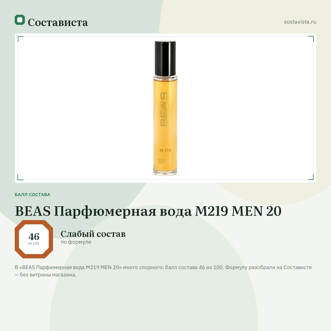 BEAS Парфюмерная вода M219 MEN 20: балл состава 46 из 100 — Состависта