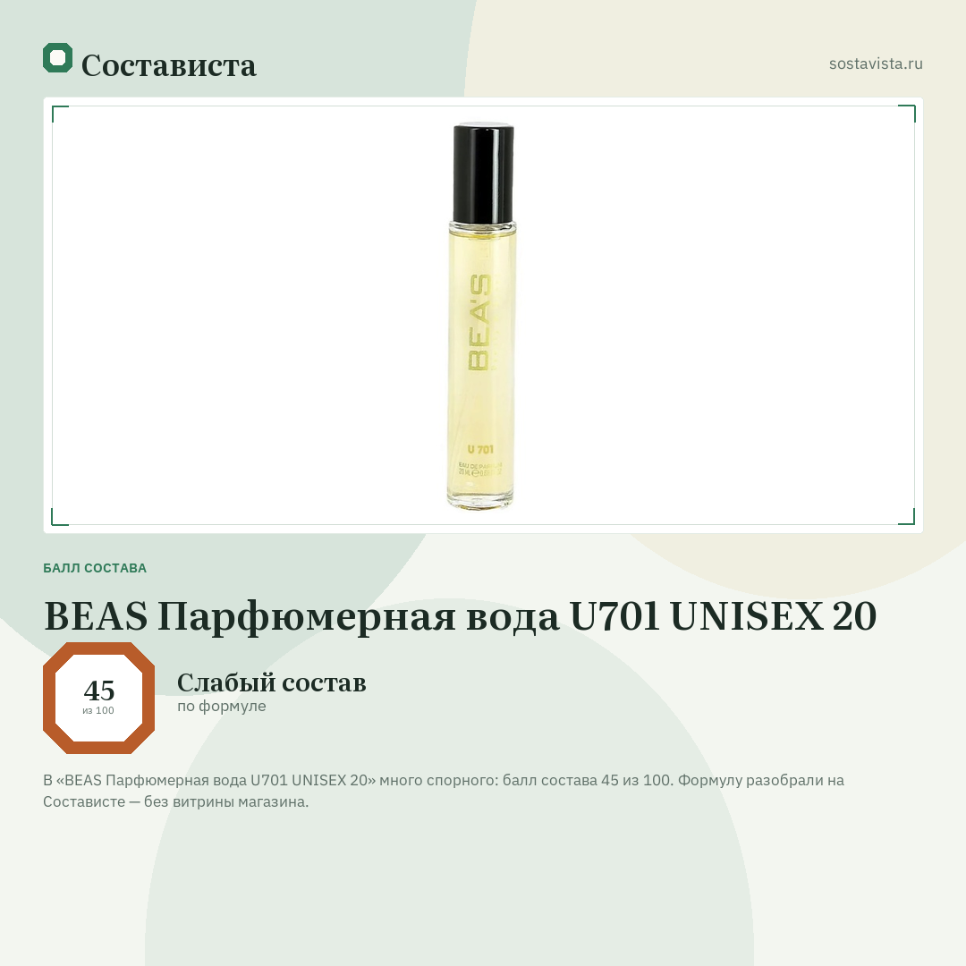 BEAS Парфюмерная вода U701 UNISEX 20: балл состава 45 из 100 — Состависта