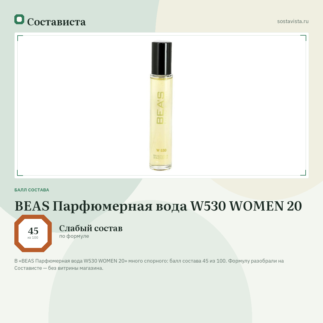 BEAS Парфюмерная вода W530 WOMEN 20: балл состава 45 из 100 — Состависта