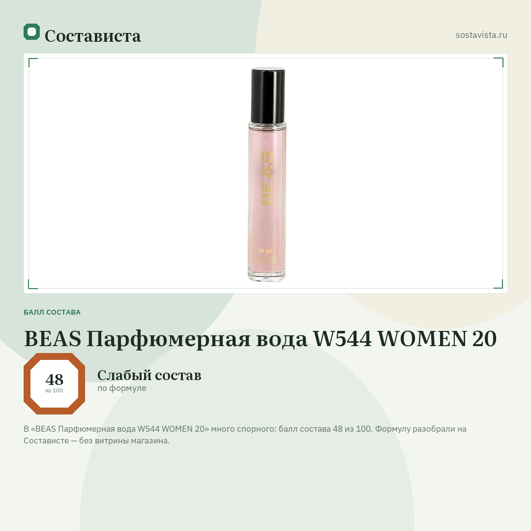 BEAS Парфюмерная вода W544 WOMEN 20: балл состава 48 из 100 — Состависта