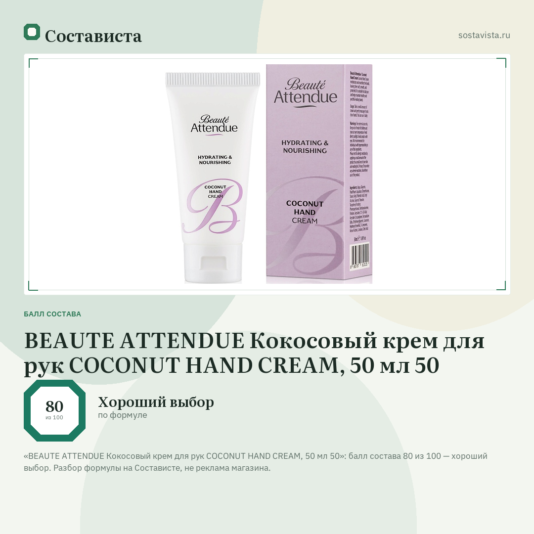 BEAUTE ATTENDUE Кокосовый крем для рук COCONUT HAND CREAM, 50 мл 50: балл состава 80 из 100 — Состависта