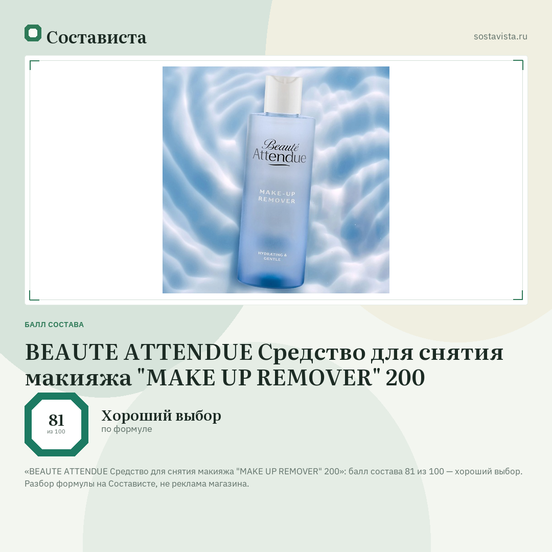 BEAUTE ATTENDUE Средство для снятия макияжа "MAKE UP REMOVER" 200: балл состава 81 из 100 — Состависта
